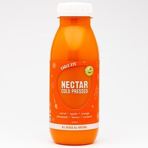 Bright orange bottle of Nectar cold pressed juice with fruit icons.