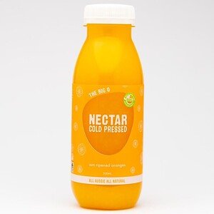 Bright yellow bottle of Nectar cold pressed orange juice with white cap.