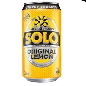 Yellow Solo Lemon soft drink can with black and white text and lemon graphic.
