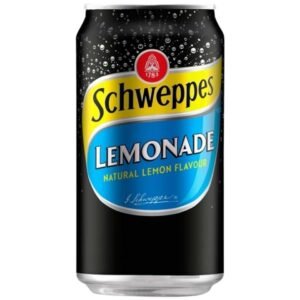 Schweppes Lemonade can with natural lemon flavour on black background.