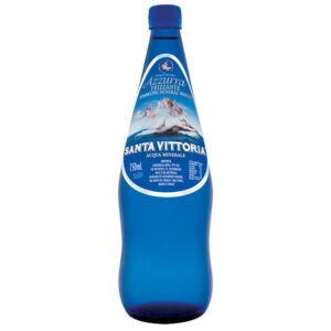 Blue glass bottle of Santa Vittoria sparkling mineral water with mountain label.