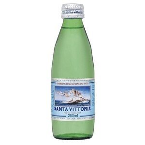 Green glass bottle of Santa Vittoria sparkling mineral water 250ml.