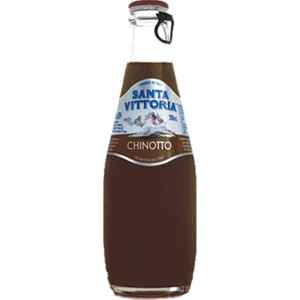 Santa Vittoria Chinotto glass bottle with cap on, close-up view.