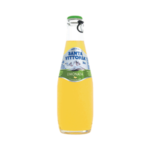Glass bottle of Santa Vittoria Lemonade with green cap and label.
