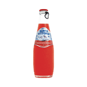 Santa Vittoria Aranciata Rossa soda in glass bottle with red liquid.